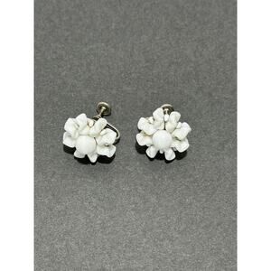 Vintage White Milk Glass Flower Beaded Earrings‎ Screw Back - Western GERMANY